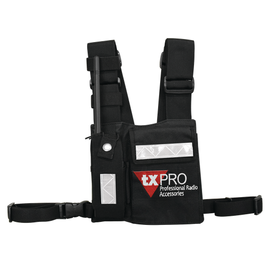 Pechera Universal con soporte para radio, sostén de bolígrafo y seguridad para la bolsa con cinta adherente. Logo TX-PRO.
