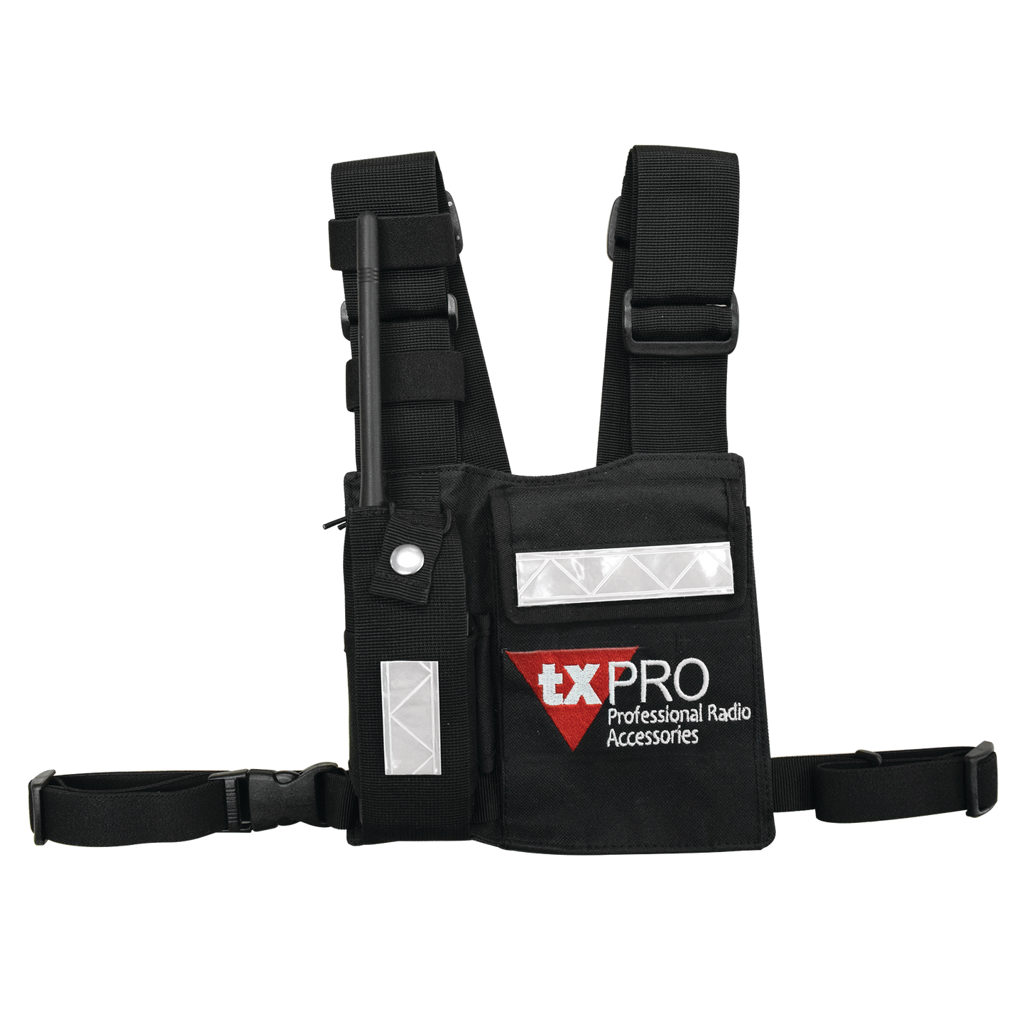 Pechera Universal con soporte para radio, sostén de bolígrafo y seguridad para la bolsa con cinta adherente. Logo TX-PRO.