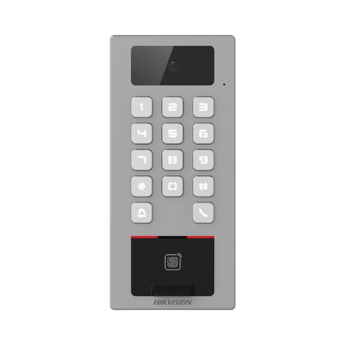 Lector Biometrico con Teclado para Exterior Antivandálico IP65 & IK09 con función de Videoportero Multiapartamento / Huella, Tarjeta, Código QR, PIN o App HikConnect / Cámara 2 MP compatible con DVRs y NVRs