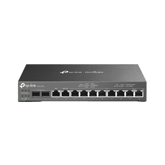 Router Multi-WAN, Switch con PoE y controlador  / 2 puerto WAN/LAN SFP 1G / 1 puerto RJ45 WAN / 1 puerto WAN/LAN RJ45/ 8 puertos PoE LAN RJ45 /  24,980 Sesiones Concurrentes / Controlador Omada.