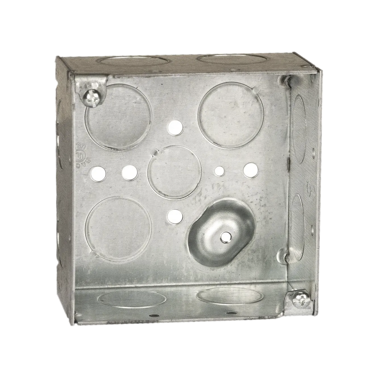 Caja Cuadrada Galvanizada de 4 x 4" / Profundidad 2 1/8 / 11 Entradas de 3/4" y 1 de 1/2".