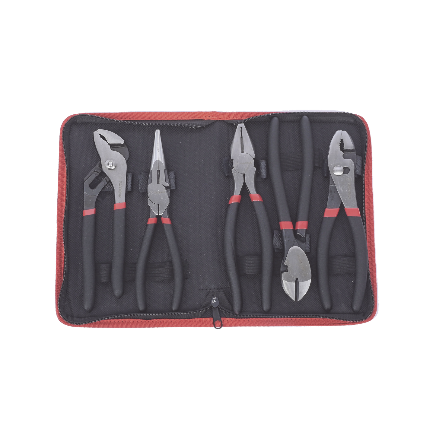 Juego de 5 Pinzas de 8" con Estuche. Incluye: P. Mecánica, P. para Tubo, P. Eléctrica, P. Corte, Nariz Larga.