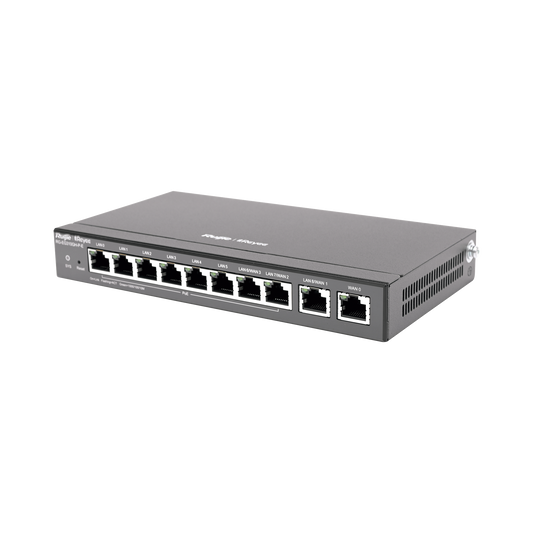 Router administrable , 6 puertos LAN  y 2 puertos LAN/WAN POE+ af/at gigabit hasta 110w, 1 puertos LAN/WAN gigabit y 1 Puerto WAN gigabit, hasta 300 clientes con desempeño de 1.5 Gbps asimétricos