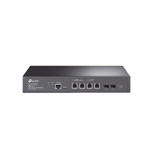 Switch Omada SDN Administrable 4 puertos 10GE PoE++ / 2 SFP+ 10GE / 1 puerto consola RJ45, puerto consola miro-SUB / Funciones sFlow, QinQ y QoS / compatile con IPv6 /