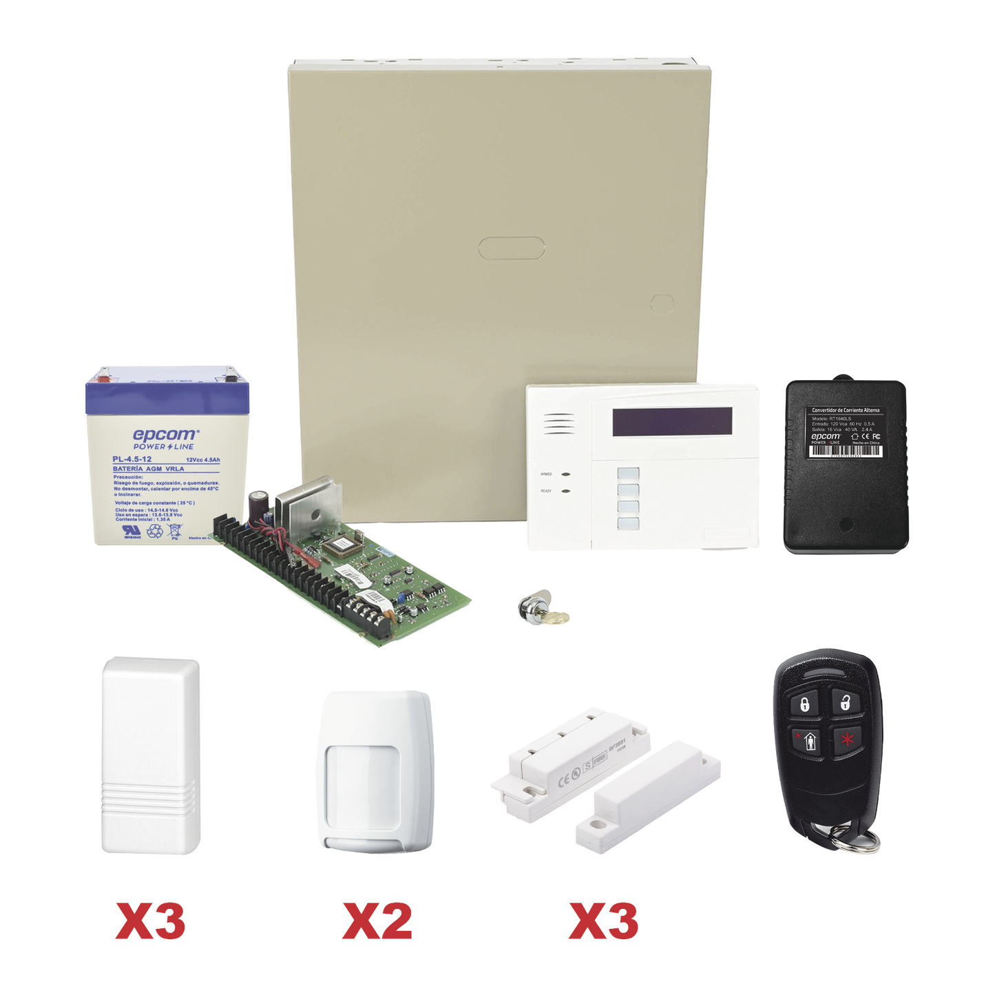 Kit inalámbrico / Panel VISTA48LA con teclado 6160RF receptor inalámbrico / 3 contactos 5816 / 2 PIR 5800PIR / 1 Llavero inalambrico / Bateria y Transformador