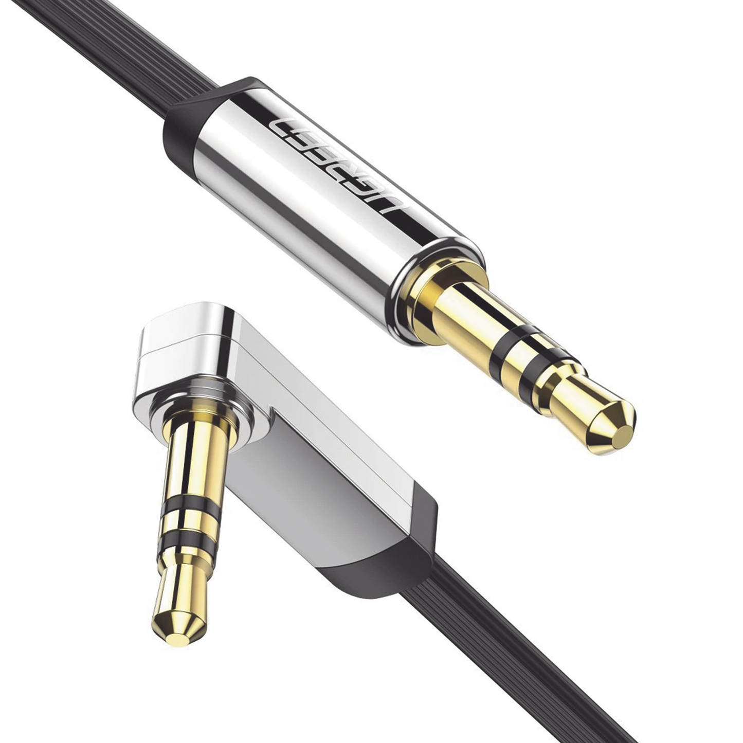Cable Auxiliar Plano 2 Metros Color Negro / Conector 3.5mm a 3.5mm en Ángulo Macho-Macho