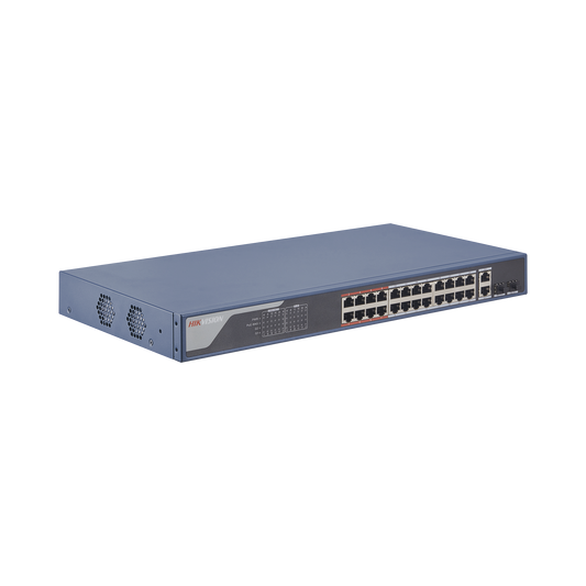 Switch Monitoreable De 24 Puertos Poe+ (Hasta 250 M), 10/100 Mbps, 2 Puertos Rj45 + 2 Sfp (Combo), 370 Watts, Conexión Remota Desde Hik-Proconnect