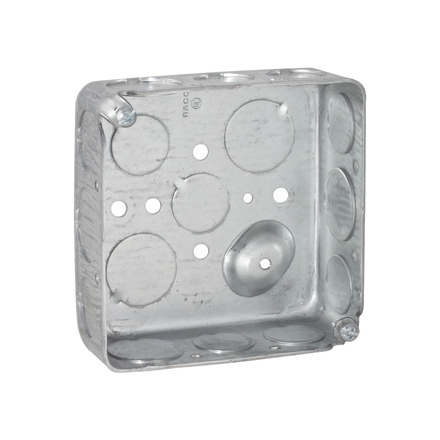 Caja Cuadrada Galvanizada De 4 X 4", Profundidad De 1- 1/2". Cuenta Con 11 Entradas De 1/2" Y 6 De 3/4"..