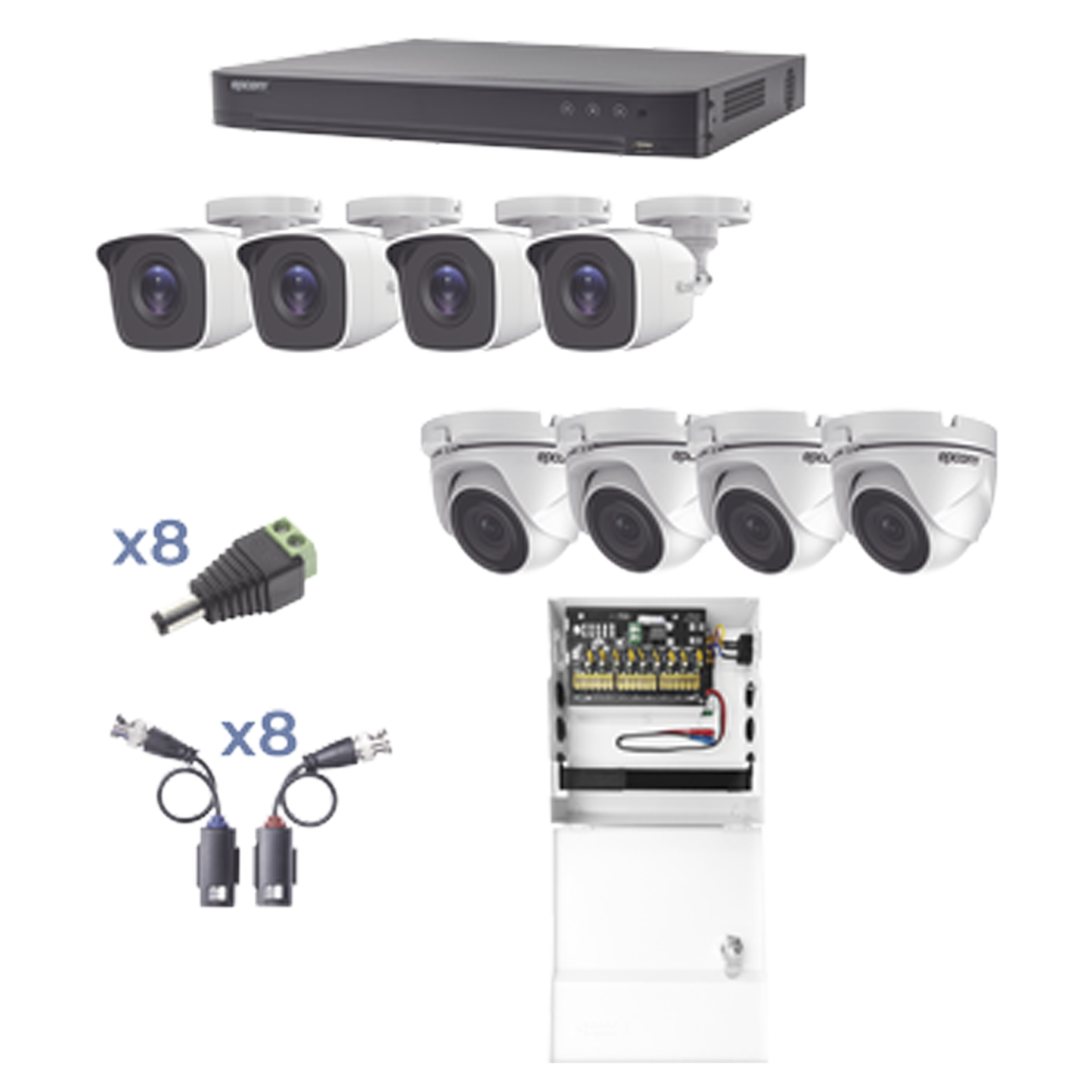 Kit Turbohd 1080P / Dvr 8 Canales / 4 Cámaras Bala (Exterior 2.8 Mm) / 4 Cámaras Eyeball (Exterior 2.8 Mm) / Transceptores / Conectores / Fuente De Poder Profesional Hasta 15 Vcd Para Largas Distancias