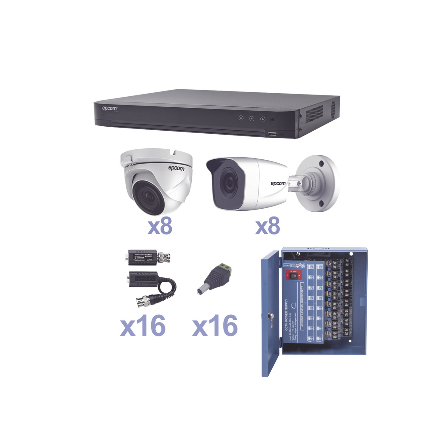 Kit Turbohd 1080P / Dvr 16 Canales / 8 Cámaras Bala (Exterior 2.8 Mm) / 8 Cámaras Eyeball (Exterior 2.8 Mm) / Transceptores / Conectores / Fuente De Poder Profesional