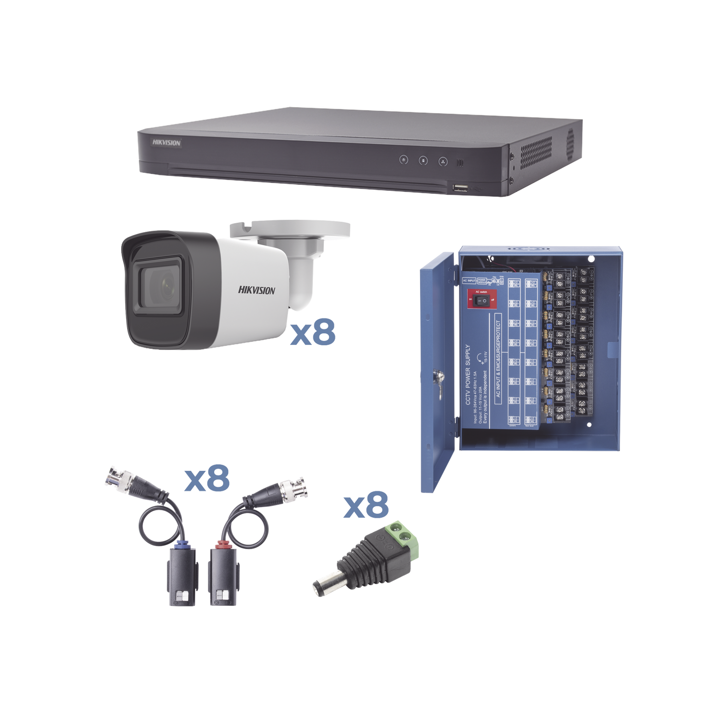 Kit Turbohd 1080P / Dvr 8 Canales / 8 Cámaras Bala (Exterior 2.8 Mm) / Transceptores / Conectores / Fuente De Poder Profesional Hasta 15 Vcd Para Larga Distancia