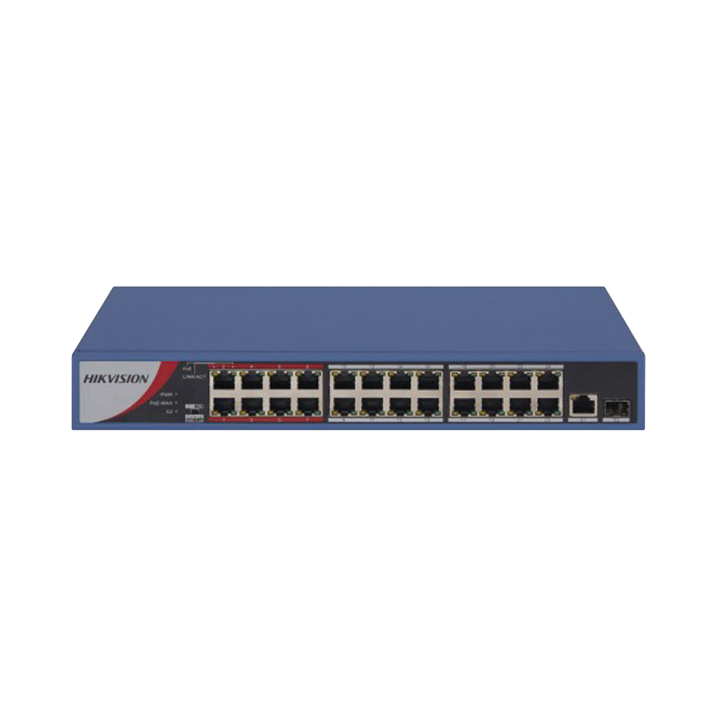 Switch PoE+ / No Administrable / 24 Puertos 10/100 Mbps PoE+ / 1 Puerto 10/100/1000 Mbps + 1 Puerto SFP Uplink / PoE hasta 250 metros / 230 W