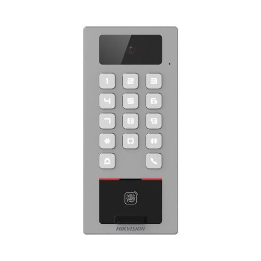Lector Biometrico con Teclado para Exterior Antivandálico IP65 & IK09 con función de Videoportero Multiapartamento /  Huella, Tarjeta, Código QR, PIN o App HikConnect  / Cámara 2 MP compatible con DVRs y NVRs