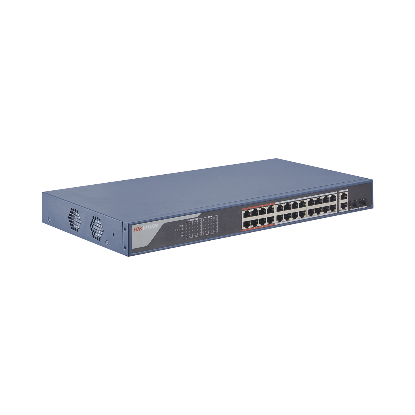 Switch Monitoreable De 24 Puertos Poe+ (Hasta 250 M), 10/100 Mbps, 2 Puertos Rj45 + 2 Sfp (Combo), 370 Watts, Conexión Remota Desde Hik-Proconnect