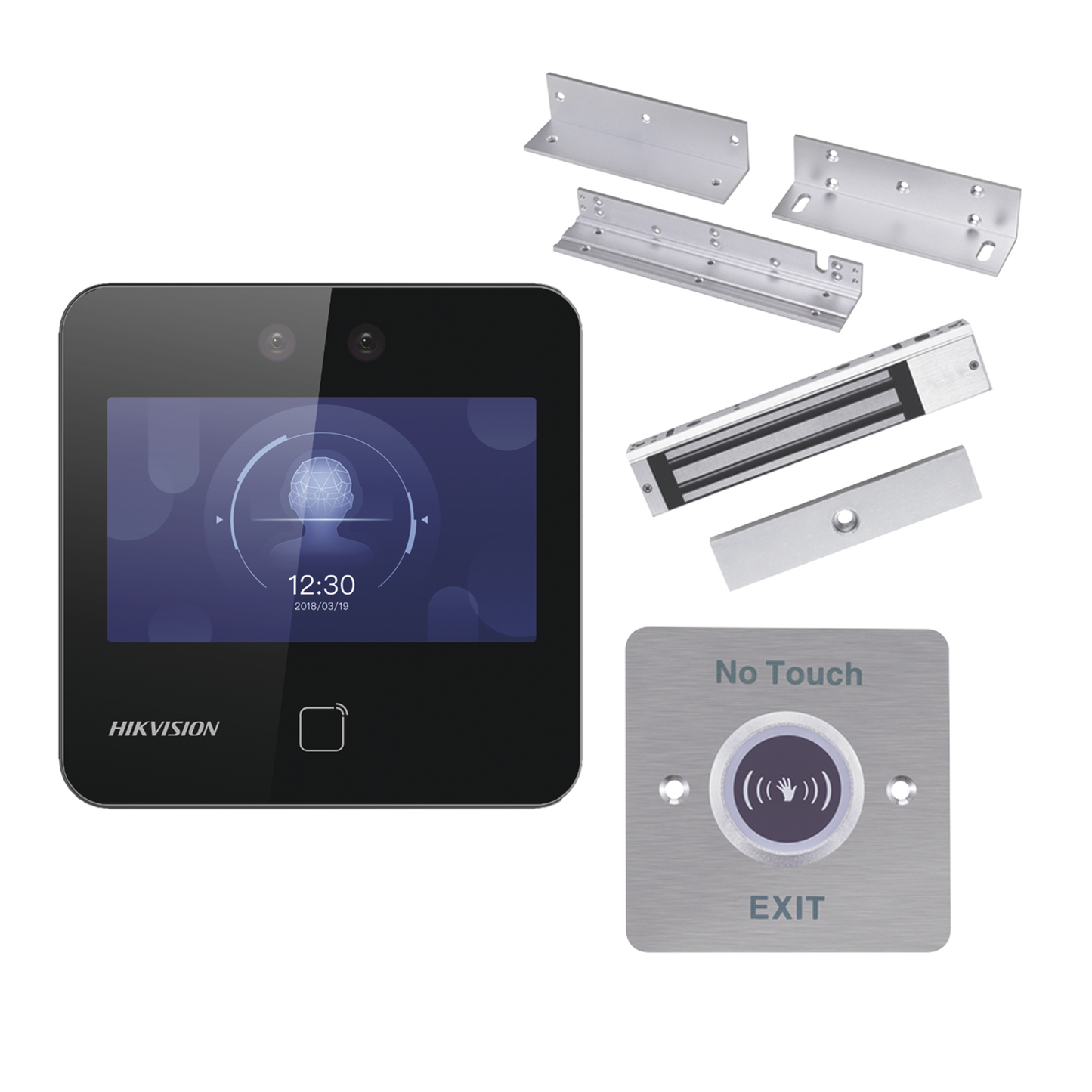 Kit de Control de Acceso TODO INCLUIDO con Lector de Rostros, QRs y Tarjetas compatible con App HIKConnect / 1,500 rostros / Incluye Electroimán Botón de Salida y Montajes Z y L para imán