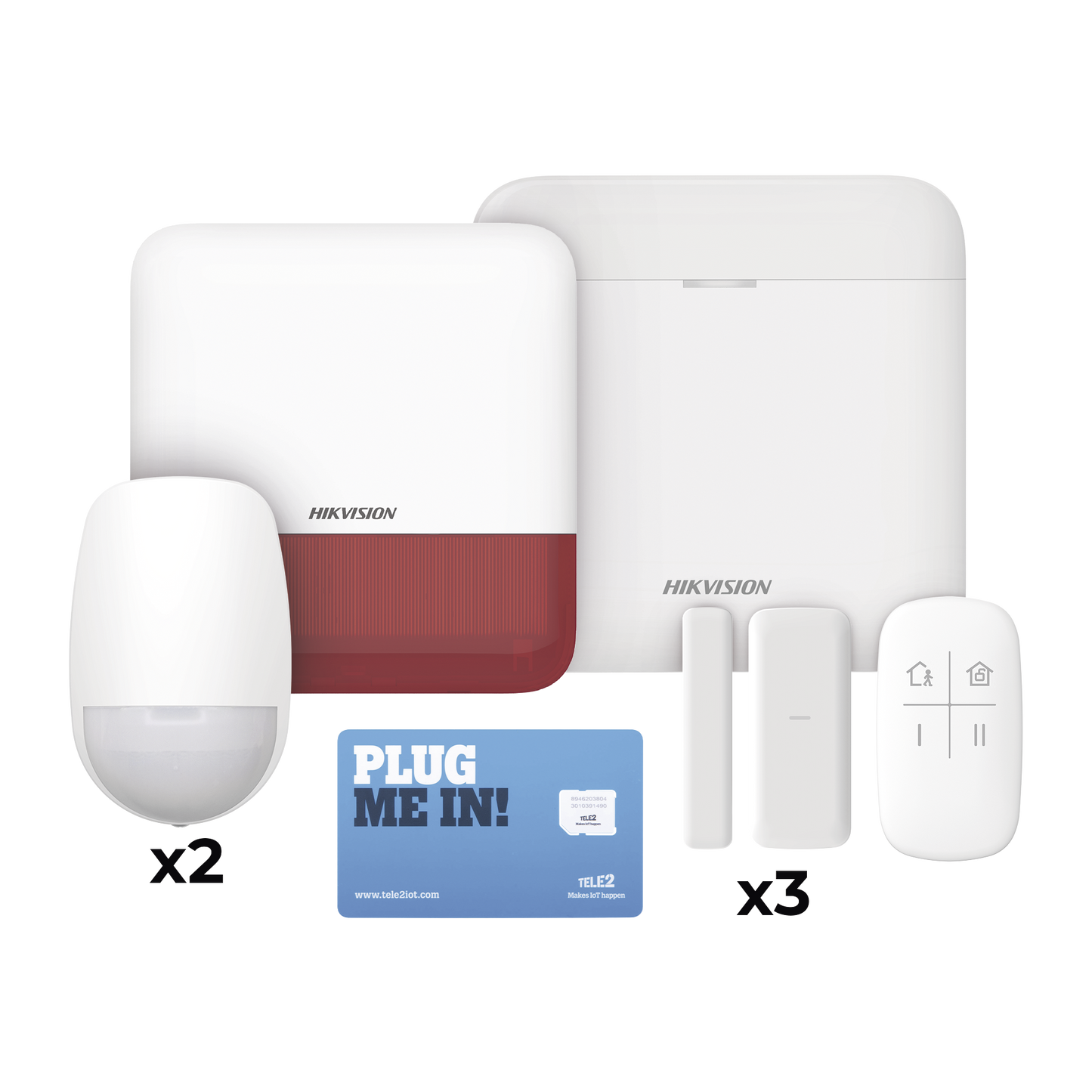 (AX PRO) KIT de Alarma AX PRO con GSM (3G/4G) / Incluye: 1 Hub / 2 Sensores PIR / 3 Contactos Magnéticos mini / 1 Control Remoto / 1 Sirena Roja Inalambrica Exterior  / 1 WiFi / 1 MICROSIM30M2M con 1 mes de servicio/Compatible con Hik-Connect P2P