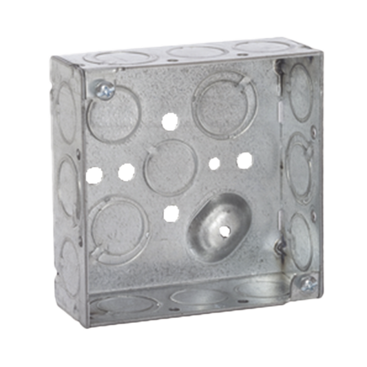 Caja Cuadrada Galvanizada De 4 X 4", Profundidad De 1- 1/2". Cuenta Con 10 Entradas De 1/2" Y 6 Tko.