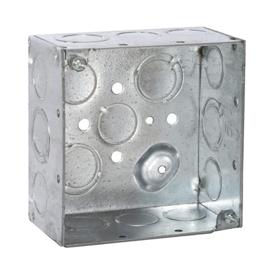 Caja Cuadrada Galvanizada De 4", Profundidad De 2 1/8". Cuenta Con 10 Ko De 1/2" Y 6 Tko.