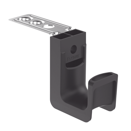 Sujetador tipo J (J-Hook), Con Soporte para Montaje en Techo, Hasta 8 Cables Cat6, Nylon 6.6, Color Negro, 50 piezas