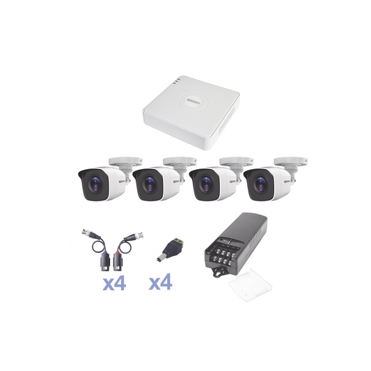 Kit Turbohd 720P / Dvr 4 Canales / 4 Cámaras Bala (Exterior 2.8 Mm) / Transceptores / Conectores / Fuente De Poder Profesional