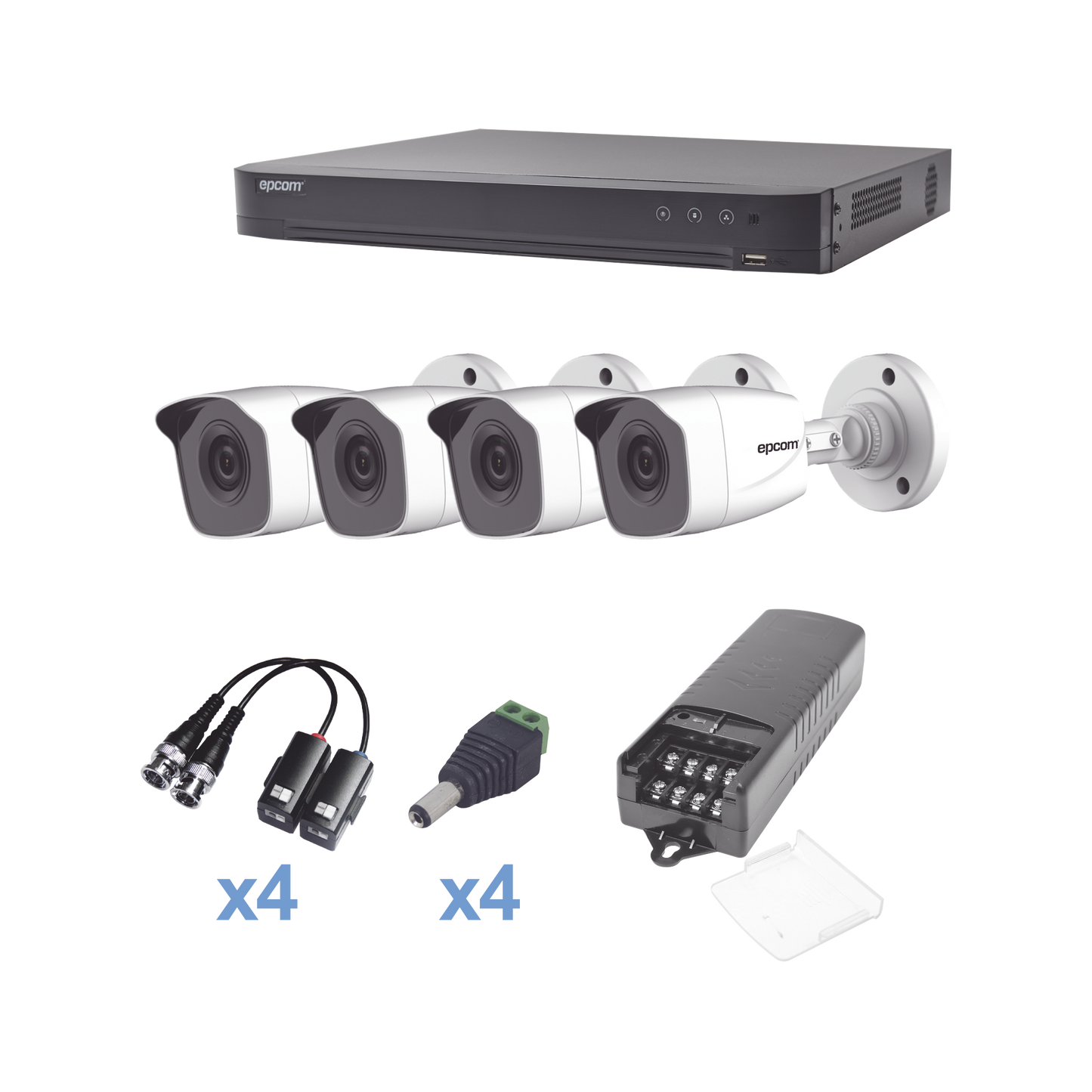 Kit Turbohd 1080P / Dvr 4 Canales / 4 Cámaras Bala Metálicas (Exterior 2.8 Mm) / Transceptores / Conectores / Fuente De Poder Profesional