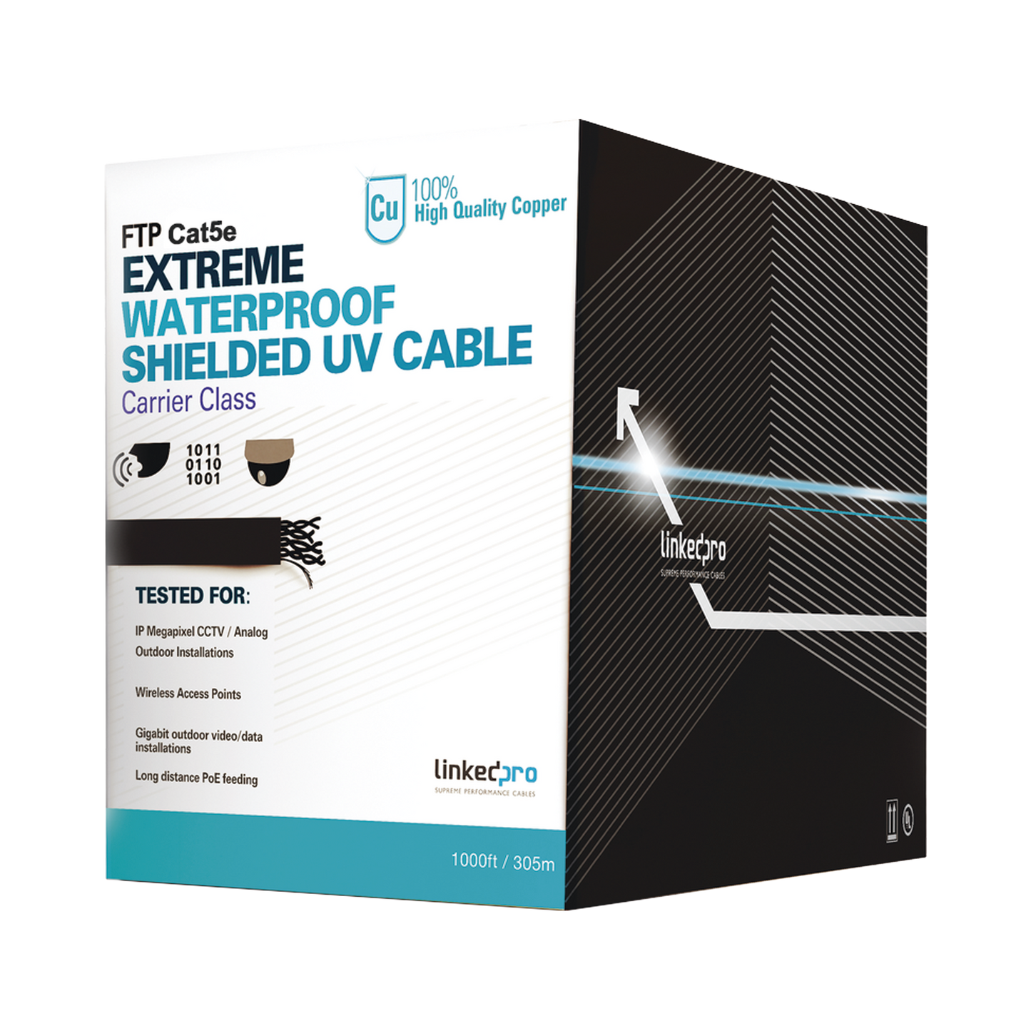 Bobina De Cable De 305 M, Cat5E, Color Negro, Sin Blindar, Para Aplicaciones De Cctv, Redes De Datos. Uso En Intemperie