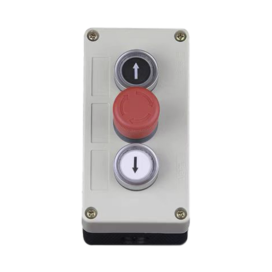 Botonera Triple con Boton de Stop Tipo Enclavado / Para Barreras Vehiculares, Operadores Corredizos y Abatibles.