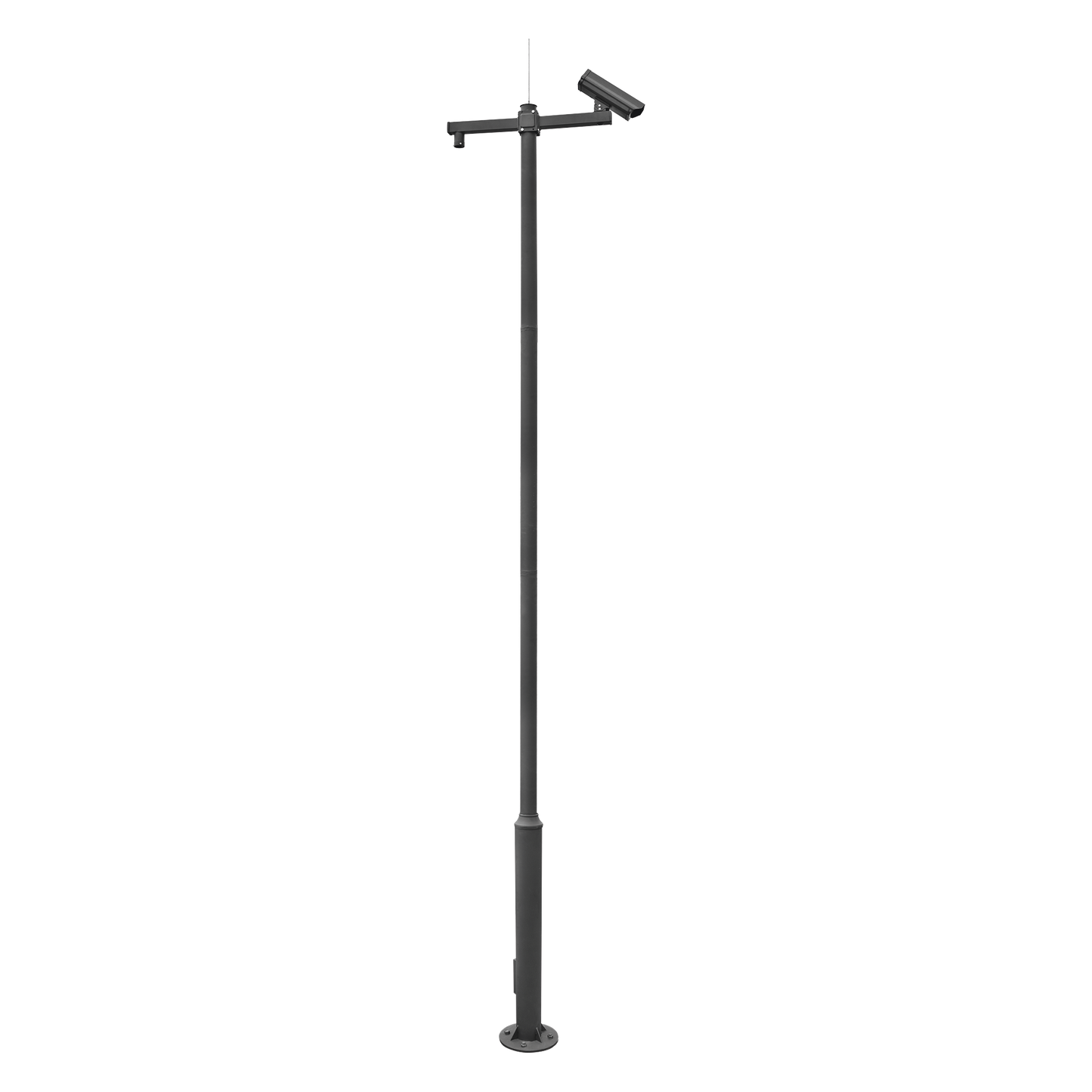 Poste Seccionado De 6M, Especializado Para La Instalación De Cctv, Incluye Base De Cimentación, Brazo Para Cámara Ptz, Todo En Color Negro.